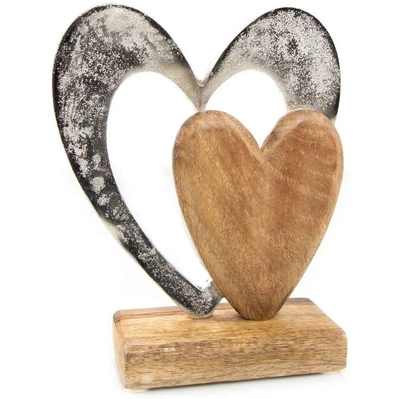 Herz aus Holz & Metall zum Hinstellen - 21 cm braun silber - für Geburtstag Valentintstag