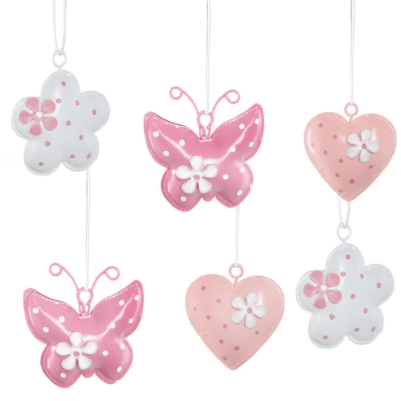 6 frühlingshafte Metallanhänger Blume + Schmetterling + Herz rosa weiß