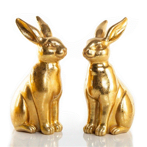 2 goldfarbene Osterhasen Figuren aus Keramik 22 cm