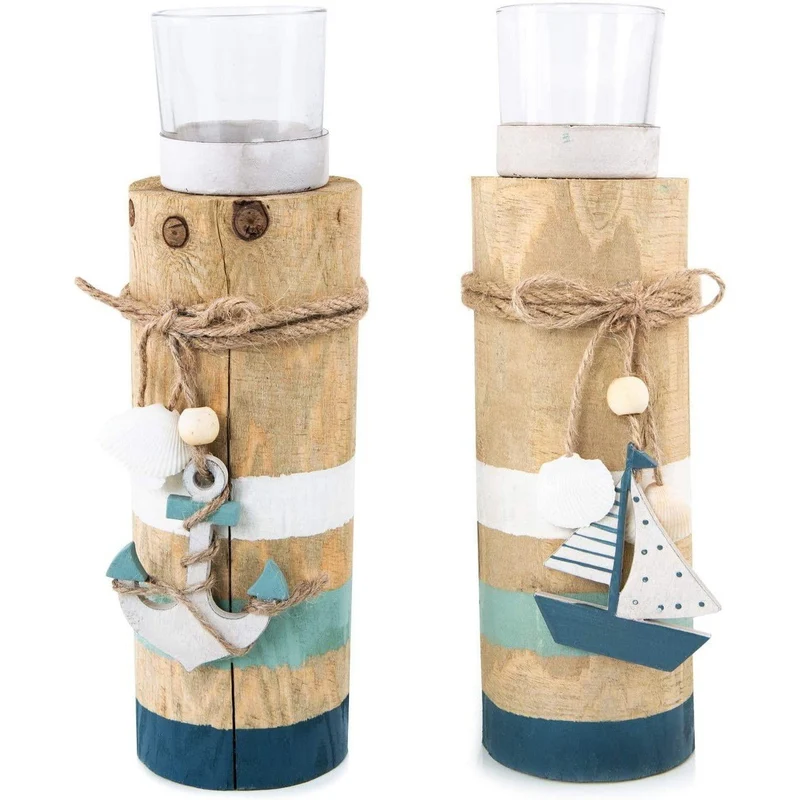 2 Teelichthalter aus Holz und Glas - maritime Deko zum Hinstellen in 23 cm