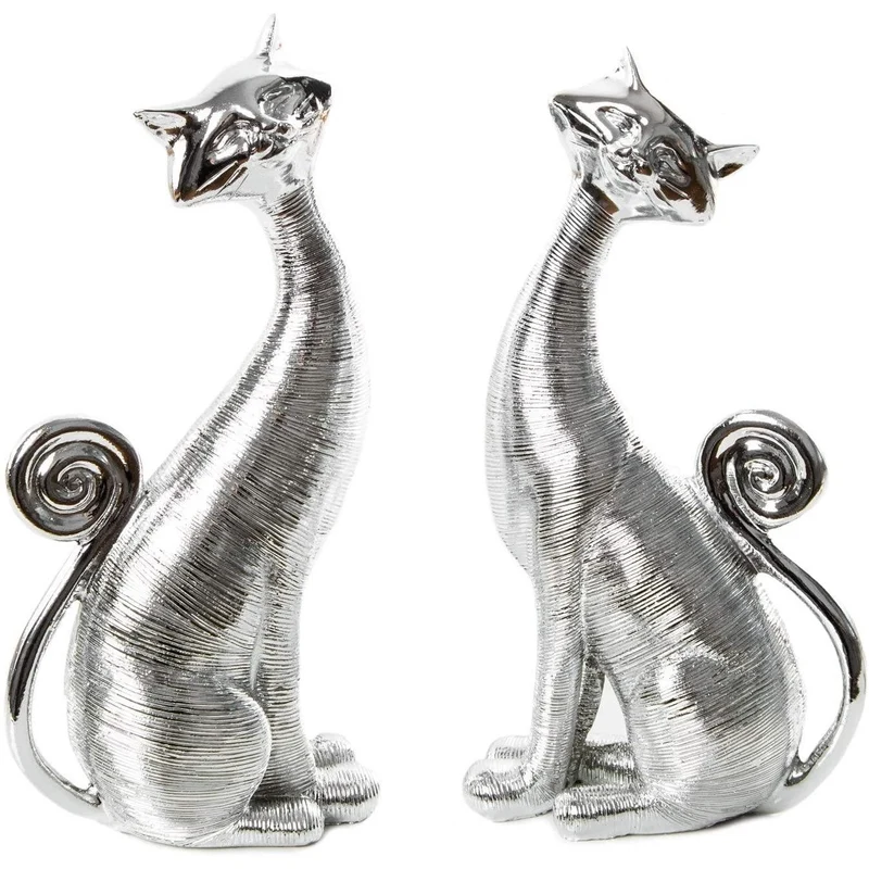 Katzen Paar als Dekoration – 2 silberfarbene Katzenfiguren zum Hinstellen in 21 cm