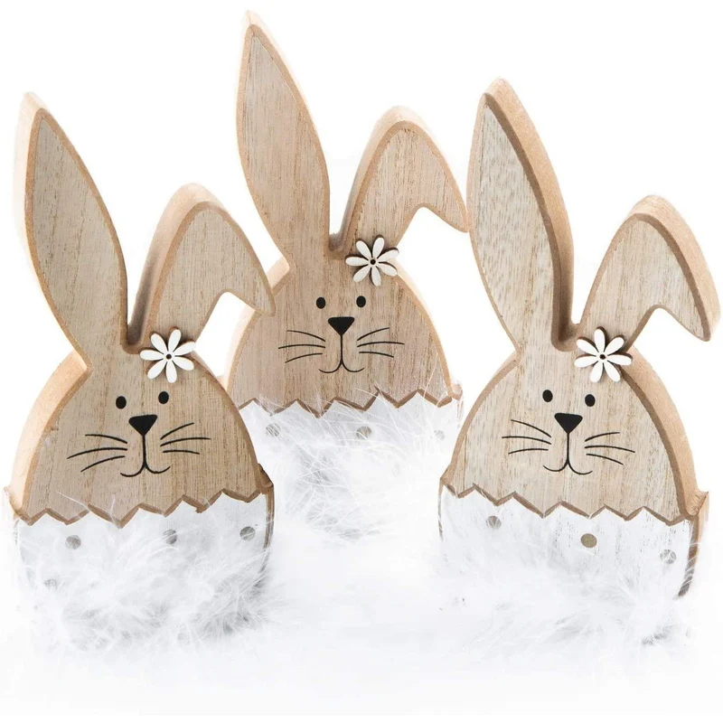 3 Osterdeko Figuren 19 cm - Osterhase natur weiß aus Holz