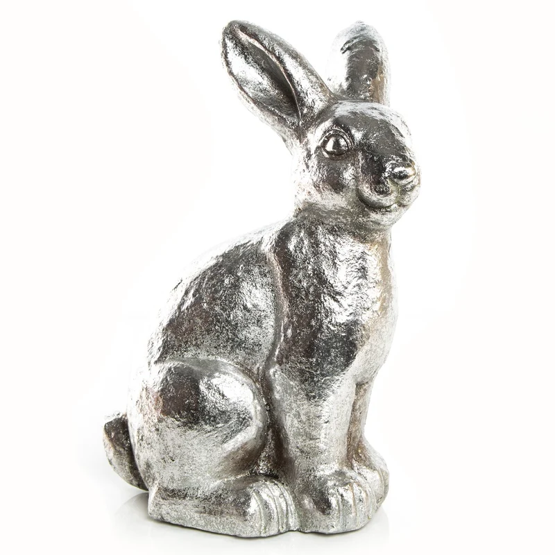 Silberfarbene Hasen Figur - 33 cm - große Osterhasen Dekofigur zum Hinstellen