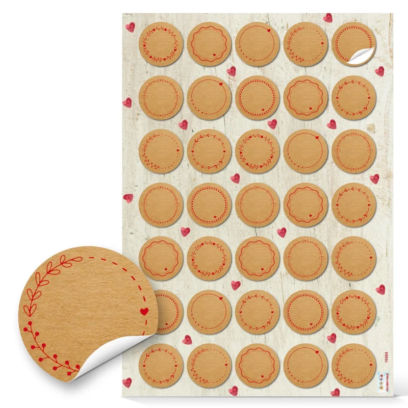 Logbuch-Verlag 140 kleine Aufkleber zum Beschriften in Kraftpapier Optik braun rot mit Herzen - Namensaufkleber Geschenkaufkleber Deko Hochzeit