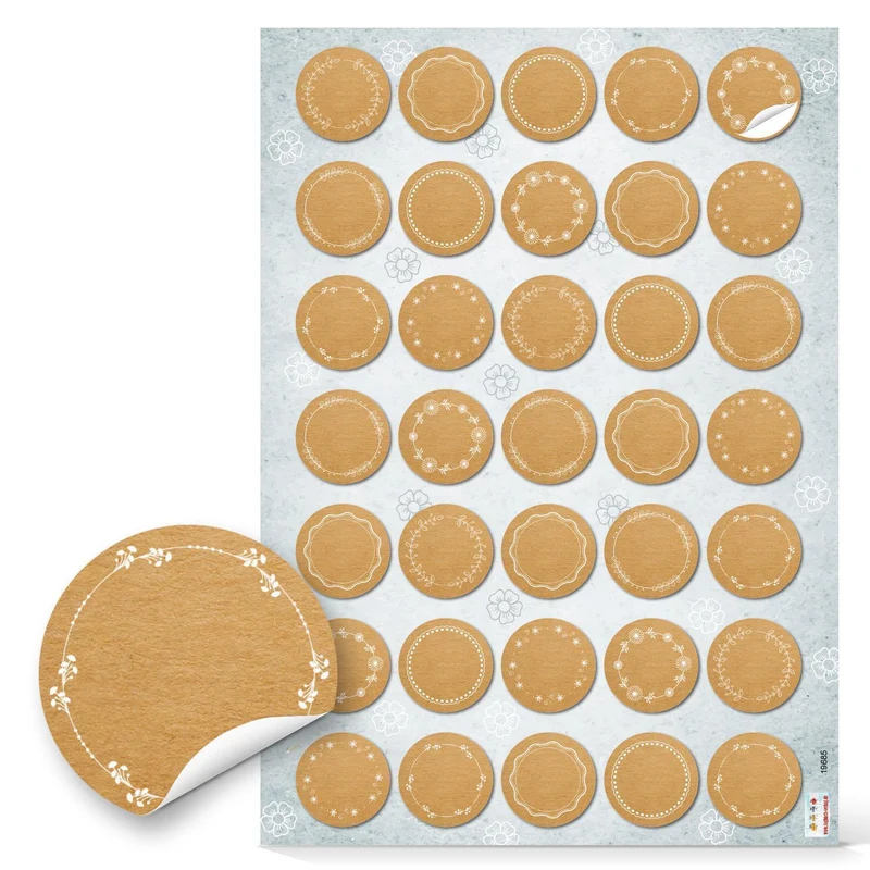 Logbuch-Verlag 140 kleine Blankoaufkleber zum Beschriften braun mit weißen Verzierungen - Kraftpapier Optik Aufkleber selbstklebend ? 3,2 cm