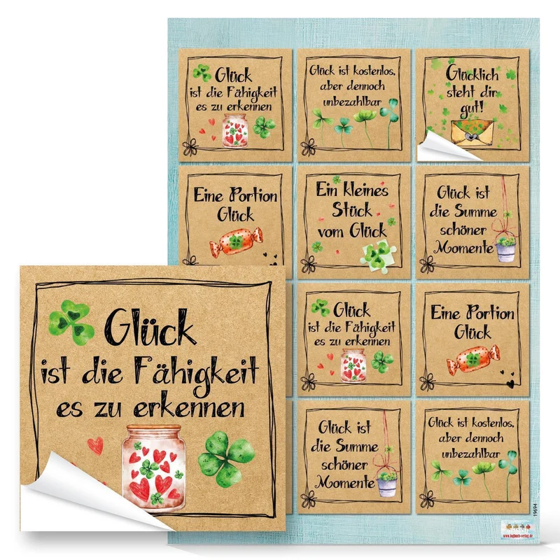 Logbuch-Verlag 12 Geschenkaufkleber GLÜCK braun grün mit Kleeblättern - Motivationsaufkleber Sprücheaufkleber 6 x 6 cm