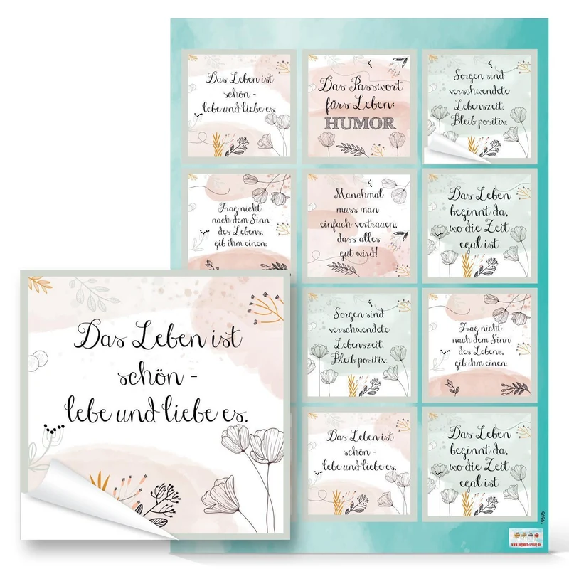 Logbuch-Verlag 12 Sprücheaufkleber pastellfarben rosa weiß mintgrün - Aufkleber mit motivierenden Sprüchen 6 x 6 cm als Geschenkaufkleber