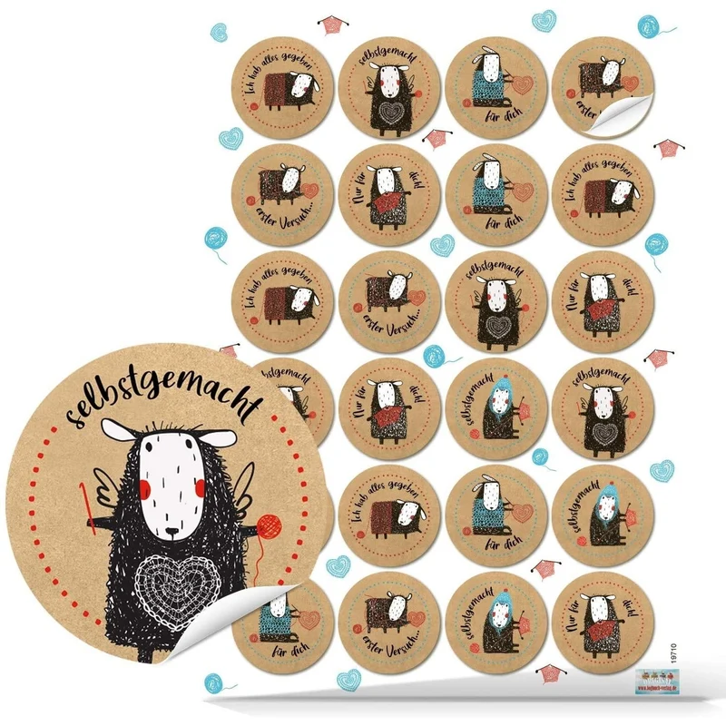 Logbuch-Verlag 24 Aufkleber in Kraftpapieroptik mit Schäfchen - Selbstgemacht Sticker für DIY Geschenke - Geschenkaufkleber Stricken