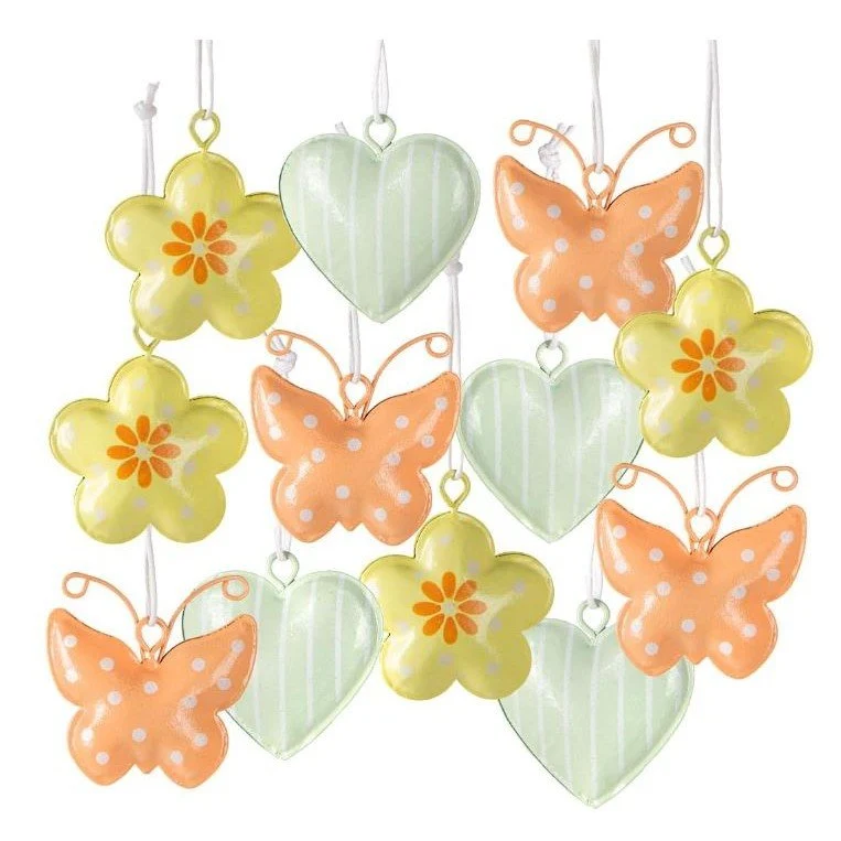 12 Bunte Metallanhänger 4 cm - Herz + Blume + Schmetterling