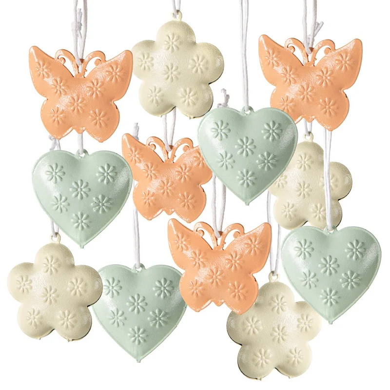 12 pastellfarbene Anhänger aus Metall - Herz + Blume + Schmetterling