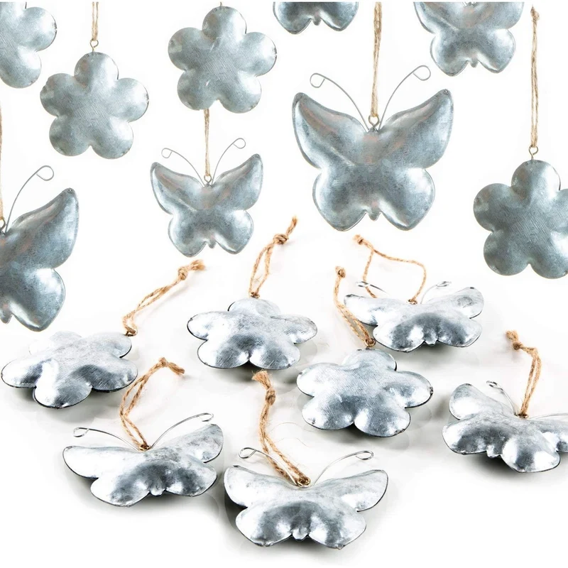 12 Frühlingsanhänger aus Metall Silber Schmetterling + Blume 6-7 cm