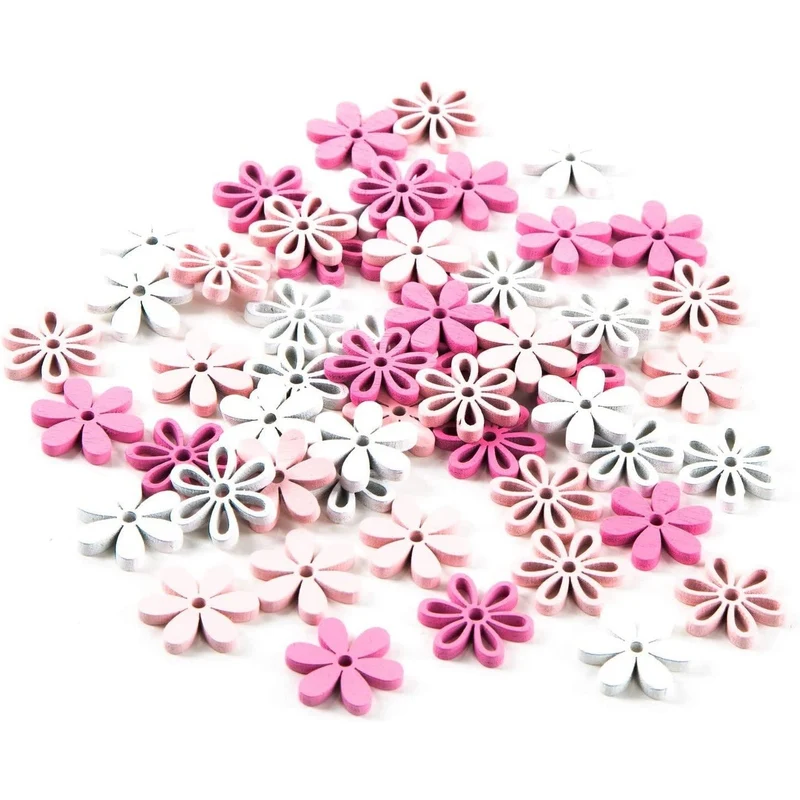 54 Mini Streublumen aus Holz rosa pink weiß - kleine Dekoblumen zum Streuen