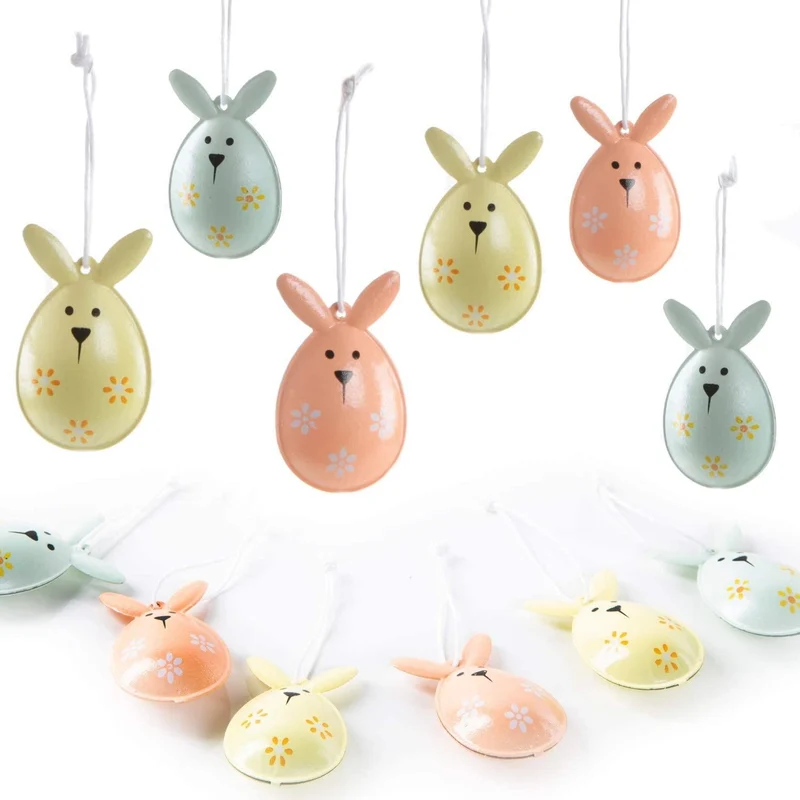 12 bunte Osteranhänger aus Metall Osterhase gelb orange grün