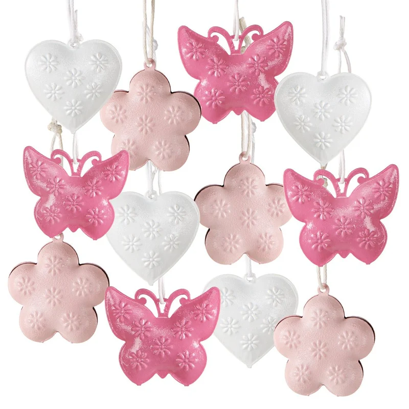 12 Anhänger aus Metall in rosa weiß - Schmetterling + Herz + Blume - als Geschenkanhänger