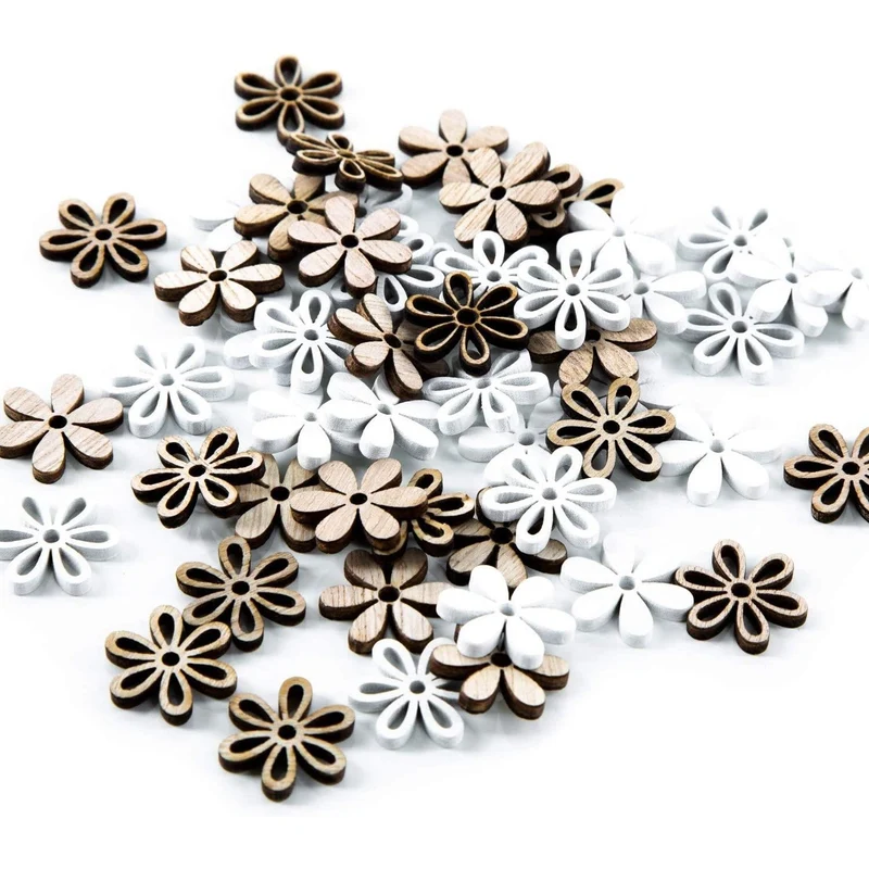 54 Mini Streublumen aus Holz braun weiß - 2 cm - kleine Flache Blüten zum Streuen, Dekorieren & Basteln