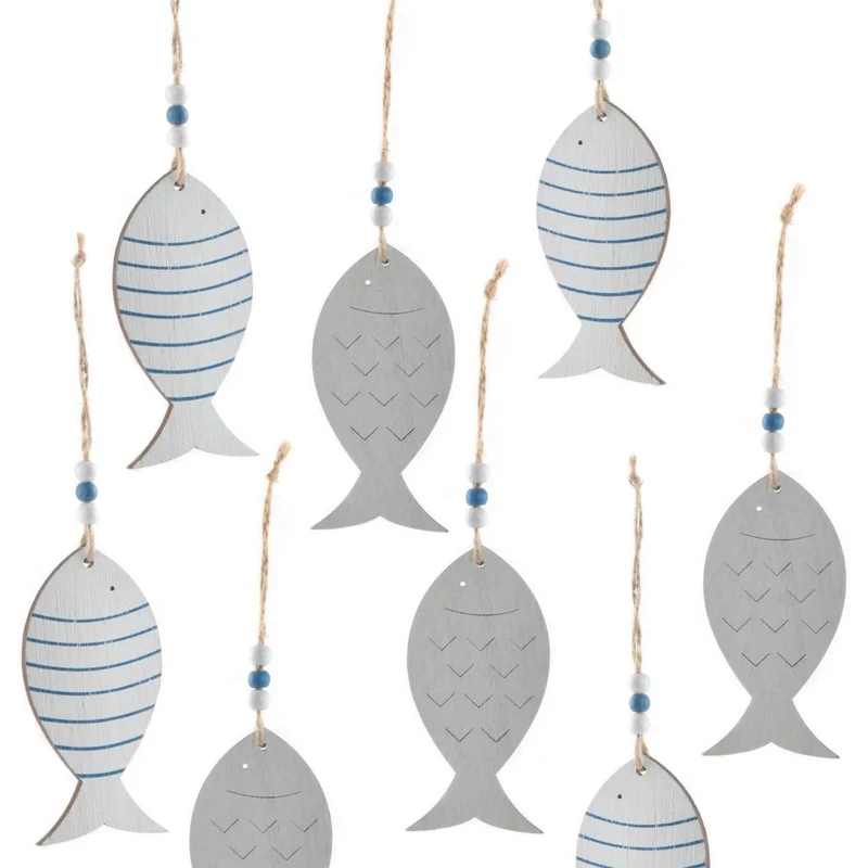 8 Fische zum Aufhängen aus Holz - 10 cm weiß blau - mit Schnur - Maritime Deko Give-Away