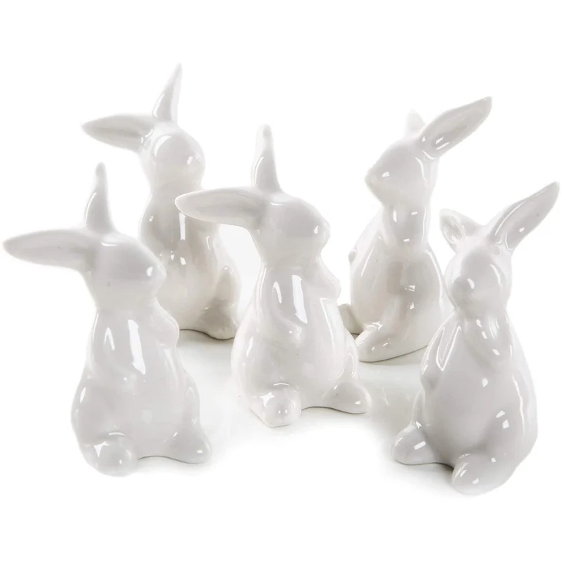 5 kleine Osterhasen Dekofiguren aus Porzellan weiß glänzend 7 cm – Osterdeko Figuren - Give-Away zu Ostern