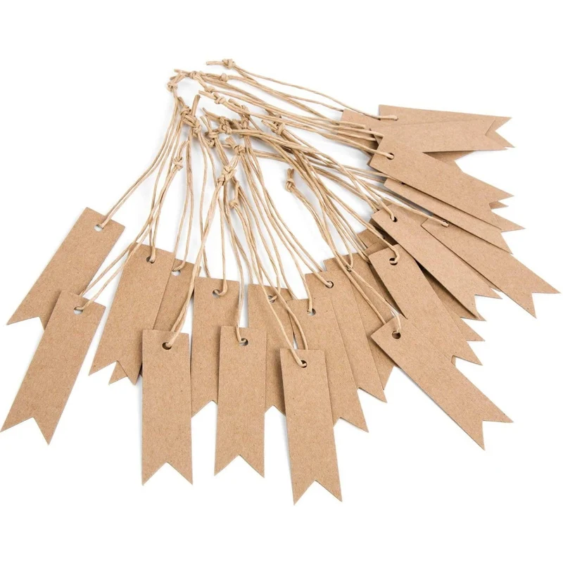 25 Hängeetiketten aus Kraftpapier - 7 x 2 cm braun blanko - mit Schnur zum Aufhängen