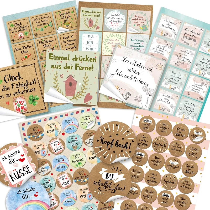 84 bunte Geschenkaufkleber mit Text - rund + quadratisch - für Geschenke Briefe Pakete