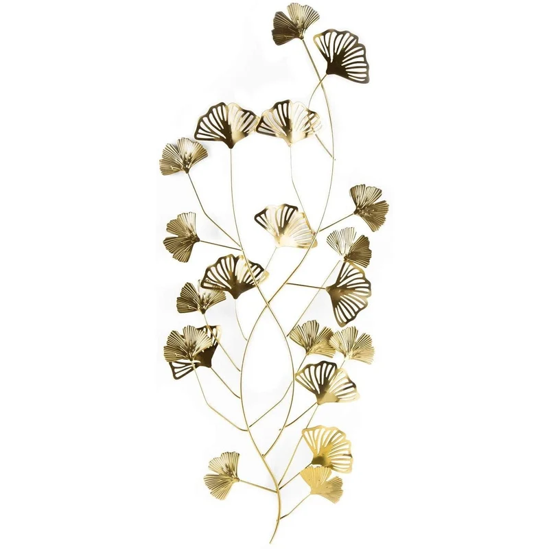 Ginkgo Wandskulptur - 75 cm - zum Aufhängen - Wanddeko aus Metall in Gold