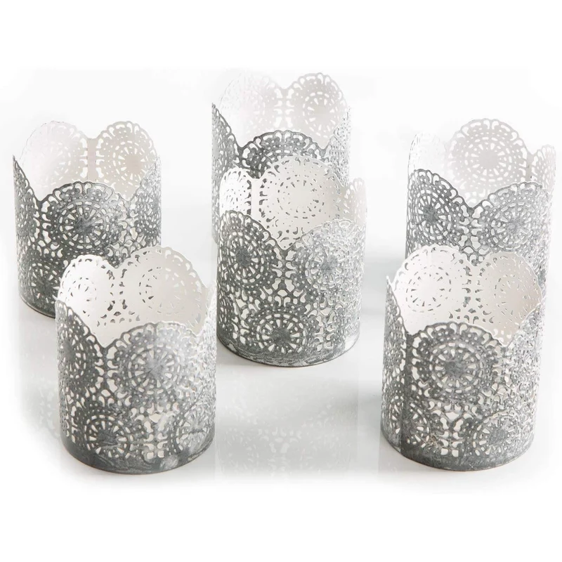6 Teelichthalter aus Metall grau weiß Shabby chic - Durchbrochene Windlichthalter als Deko Geschenk