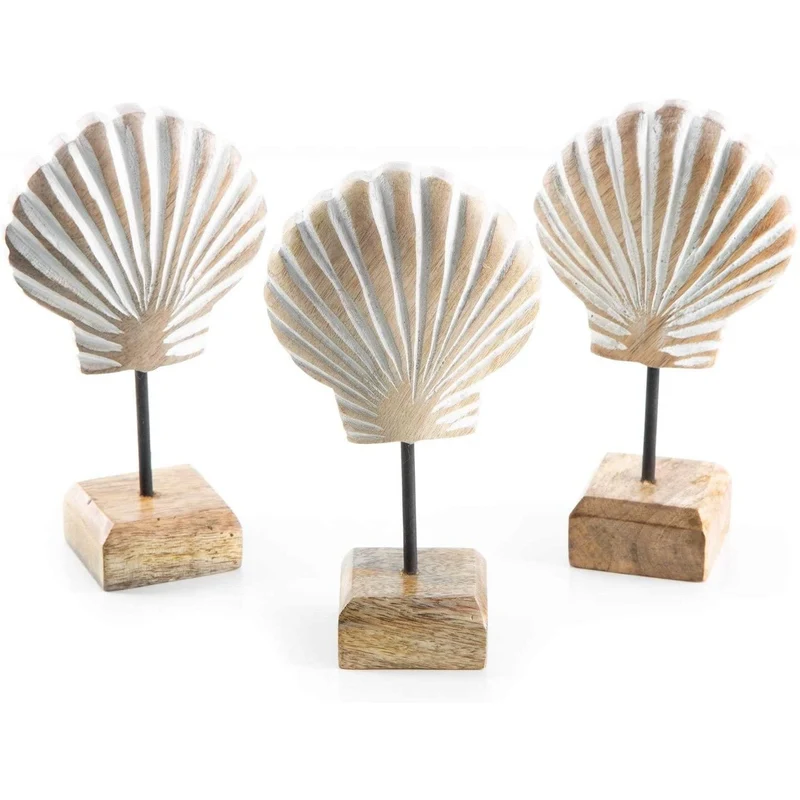 3 Muscheln Figuren aus Holz 17 cm natur weiß