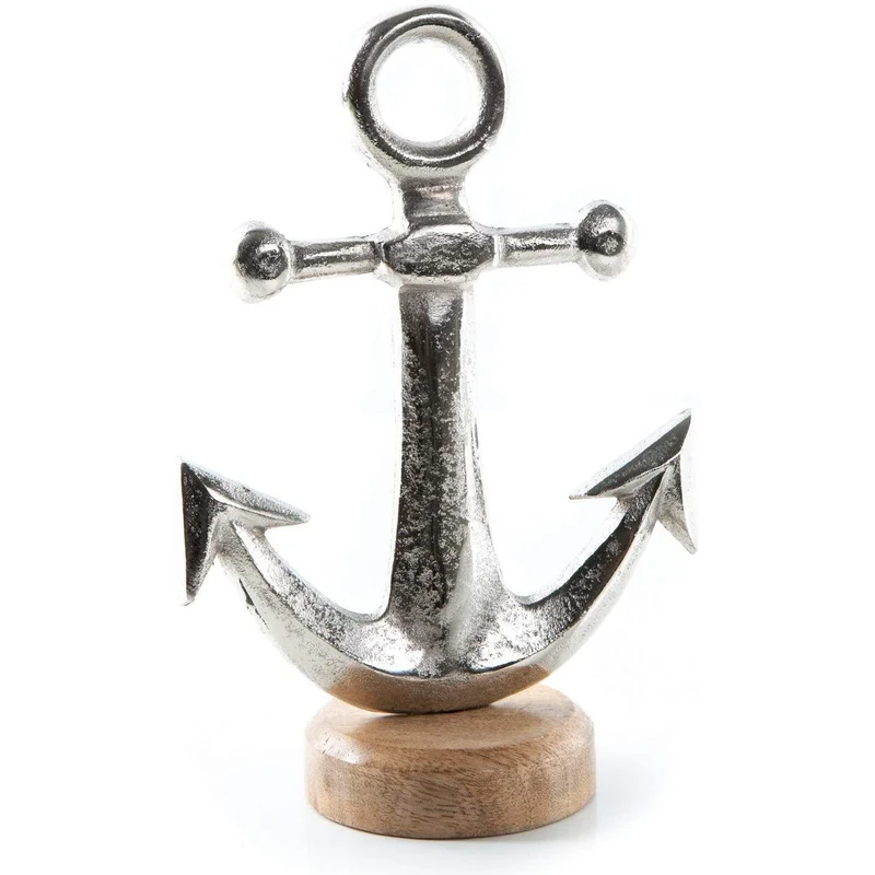 Große Anker Figur zum Hinstellen - 22 cm Silber braun aus Metall & Holz - Dekoanker als Maritime Deko