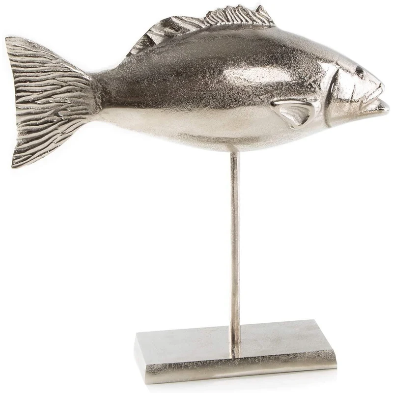 Fisch Figur aus Metall - 33 x 31,5 cm zum Hinstellen - silberfarbener Dekofisch auf Standfuß