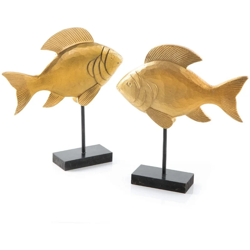 2 Fische Figuren aus Kunststein - Gold schwarz 26,5 cm - Maritime Deko