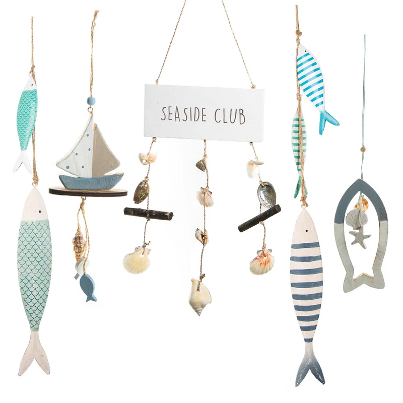 Hängedekoration Set 5 tlg. maritime Deko Fisch & Boot blau natur