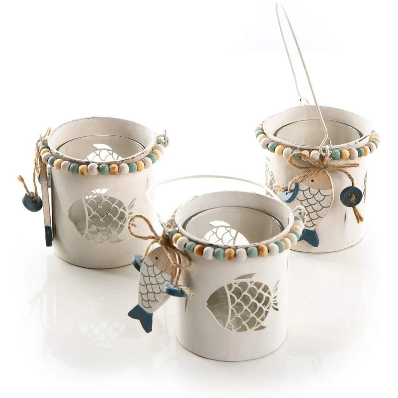 3 Maritime Teelichthalter aus Metall + Glas mit Holzfisch - kleine Windlichter mit Henkel als Deko