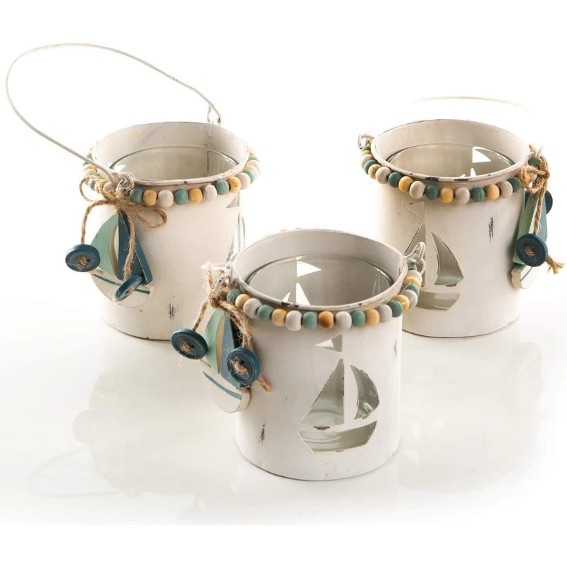 3 Maritime Teelichthalter aus Metall + Glas mit Segelboot aus Holz - kleine Windlichter