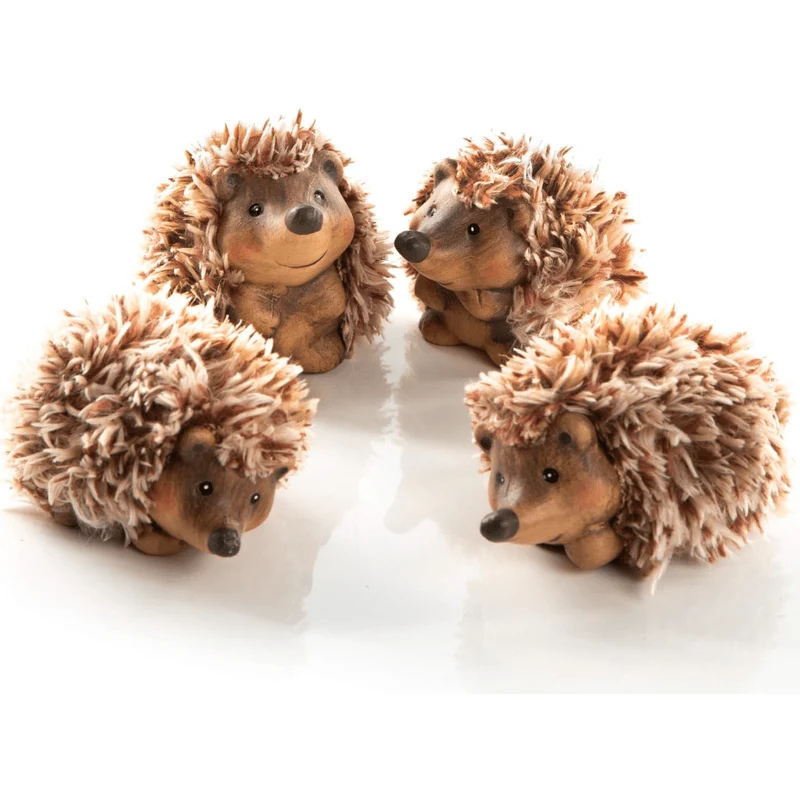 4 kleine Igel Figuren aus Ton + Kunstfell braun 7 cm - als herbstliche Deko