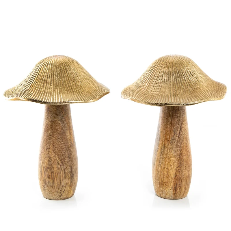 2 Pilz Figuren aus Holz und Metall braun Gold 16 cm - Herbstdeko zum Hinstellen