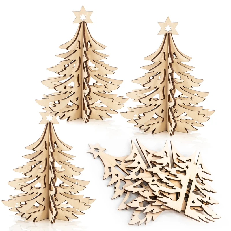 4 Weihnachtsbäume aus Holz - 15 cm Natur braun - zum Aufhängen