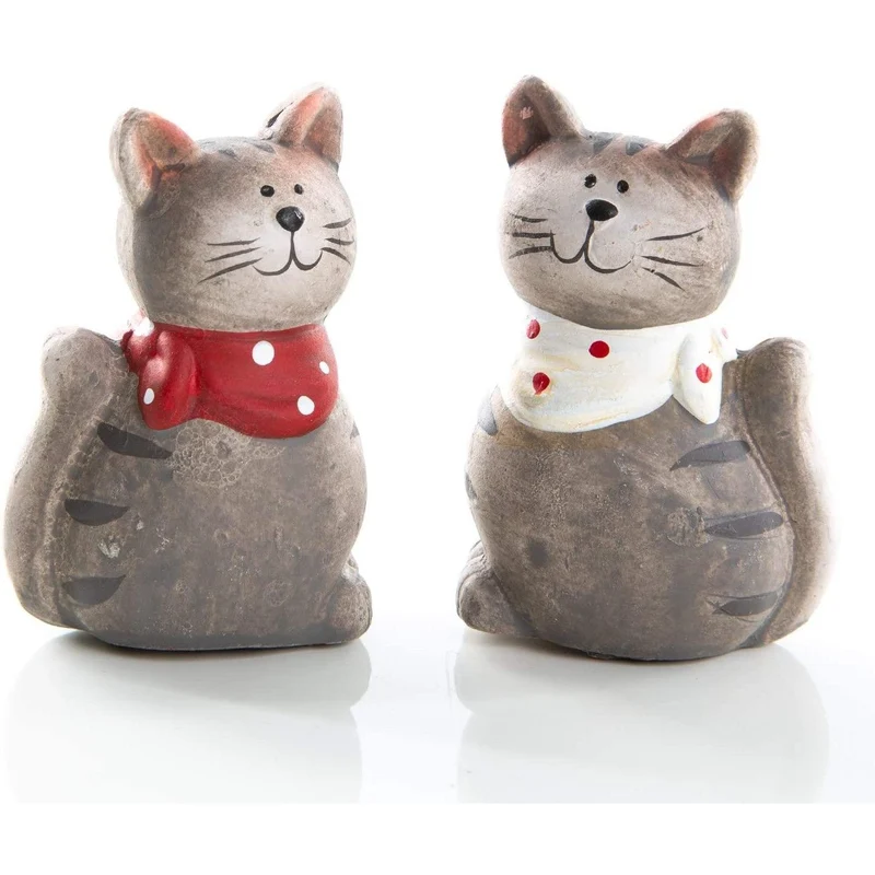 2 kleine Deko Katzen zum Hinstellen - 7 cm grau rot weiß aus Keramik