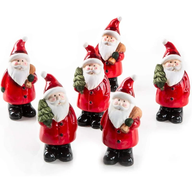 6 kleine Nikolaus Figuren aus Keramik - rot weiß 12 cm zum Hinstellen