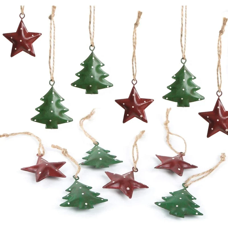 12 kleine Weihnachtsanhänger Sterne + Bäume in rot & grün - 5 cm