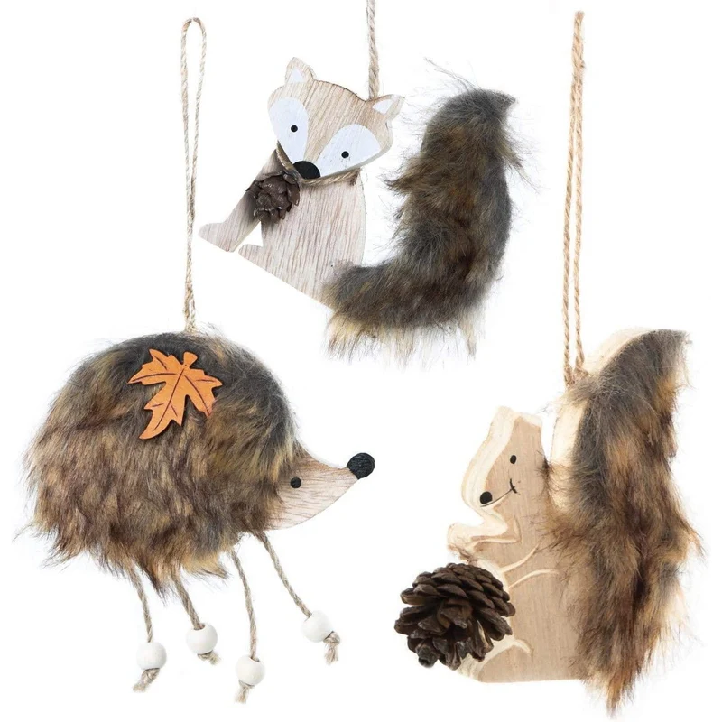 3 herbstliche Deko Anhänger aus Holz - Fuchs + Igel + Eichhörnchen Natur braun