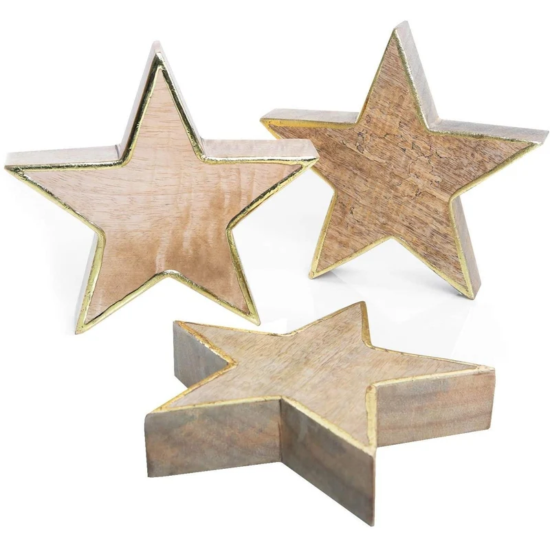 3 große weihnachtliche Sterne Figuren aus Holz Natur braun Gold 20 cm