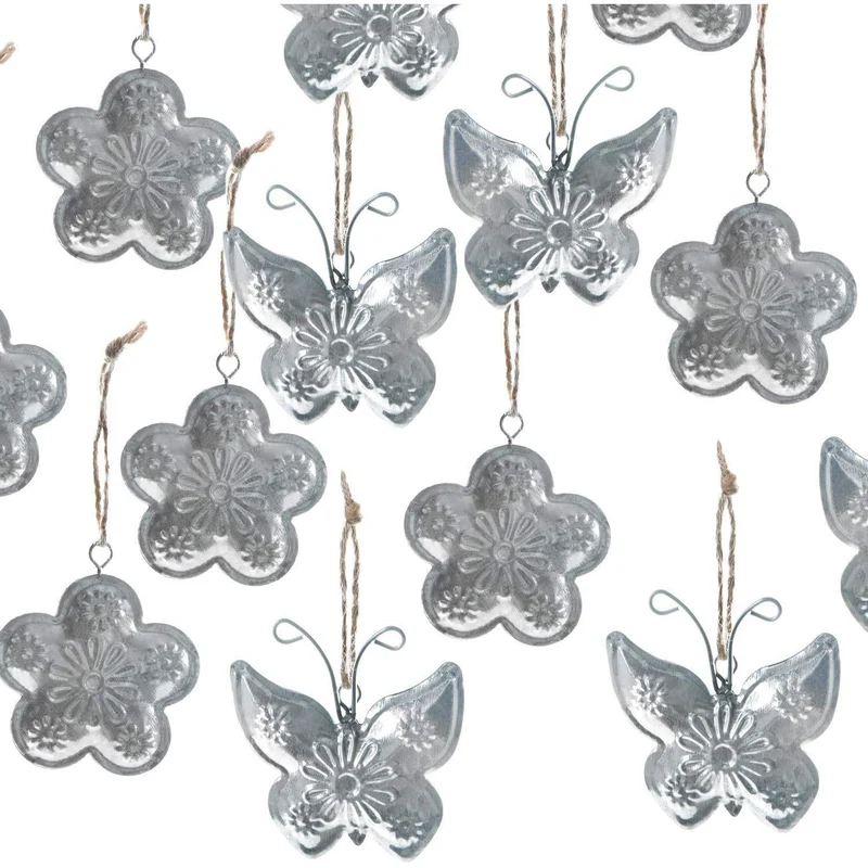 12 Metallanhänger Silber mit Prägemotiv Schmetterling + Blume