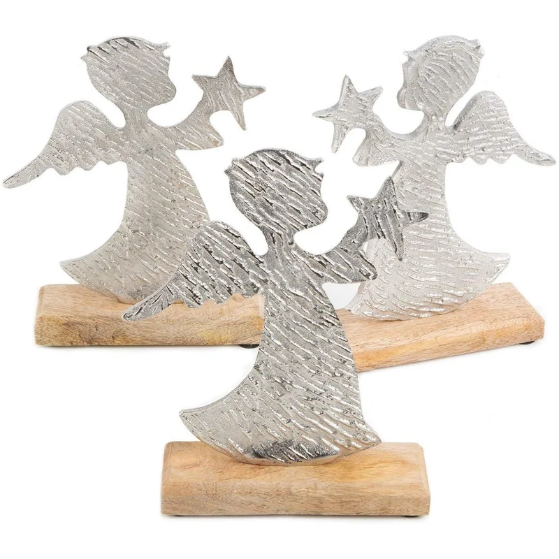 3 Engel Figuren Silber braun aus Holz + Metall - Engelfigur als Schutzengel