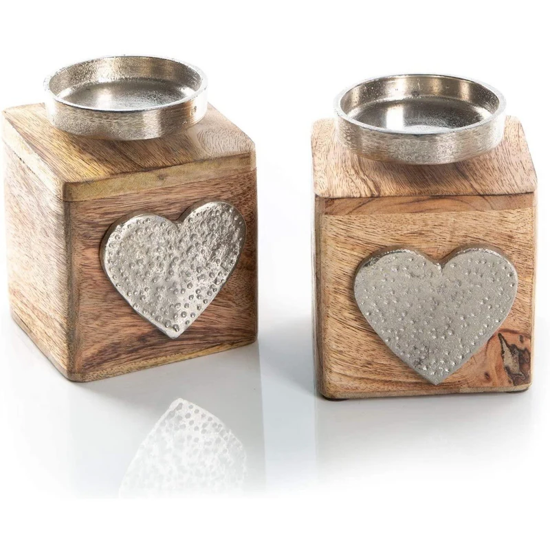 2 Kerzenhalter aus Holz + Metall mit Herz - Vintage Teelichthalter