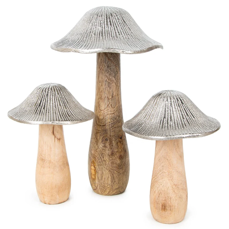 Pilz Figuren Set - 3 Deko Pilzfiguren aus Holz & Metall Silber braun
