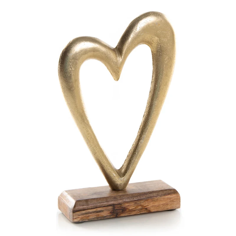 Herz Dekofigur 23 cm Gold braun aus Holz & Metall - zum Hinstellen