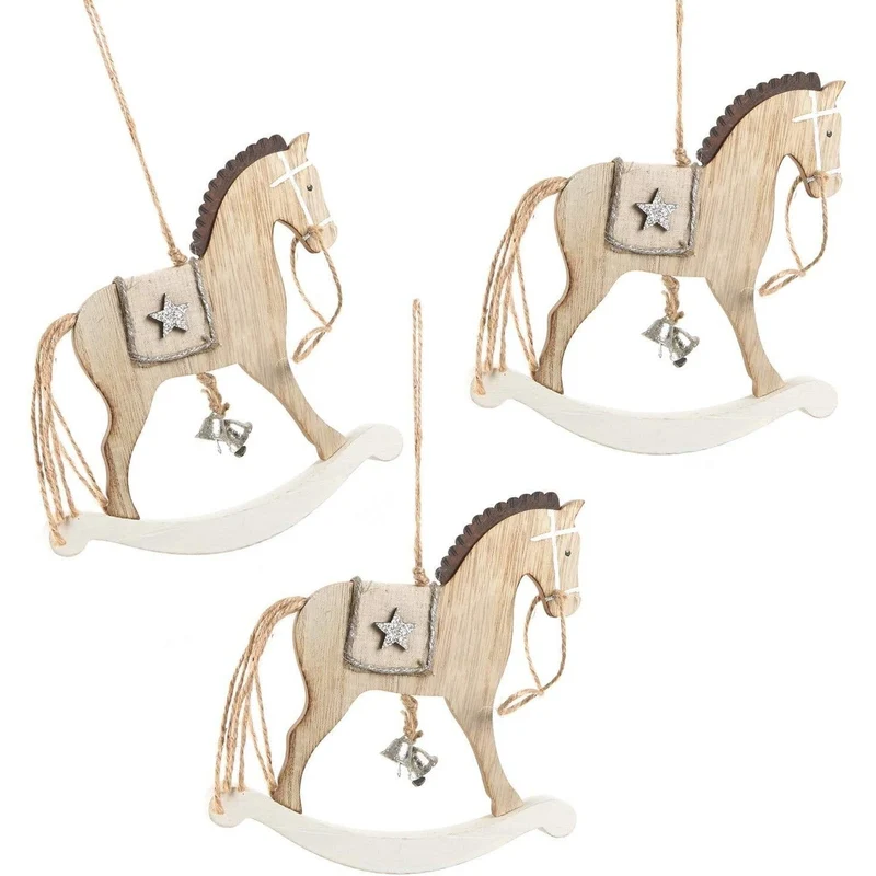 3 Schaukelpferd Anhänger natur weiß Nostalgie 17 cm