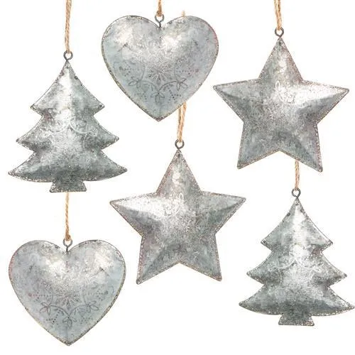 6 Weihnachtsdeko Anhänger grau Silber glitzernd Stern + Herz + Baum