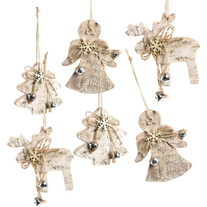 6 Weihnachtsanhänger mit Birkenrinde Rentier + Engel + Baum 10 cm natur