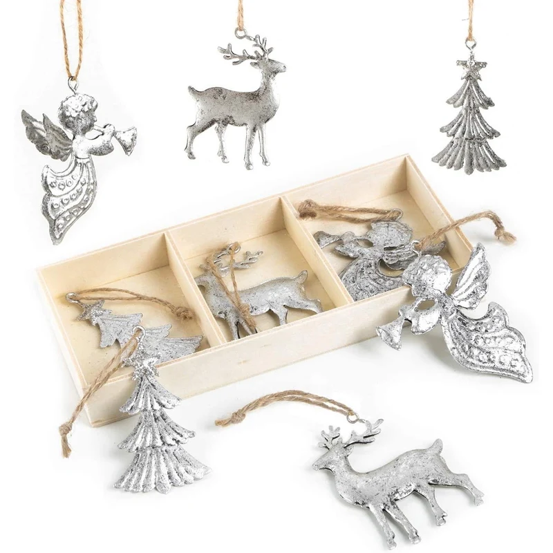 9 silberfarbene Weihnachtsanhänger Baum + Hirsch + Engel - shabby chic