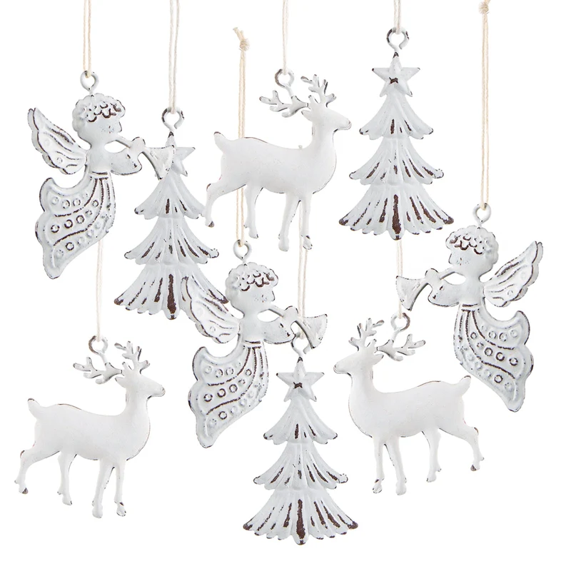 9 Metall Weihnachtsanhänger Baum + Hirsch + Engel - weiß Shabby chic